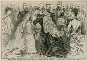 Matrimonio de la Princesa Victoria de Hesse y el Príncipe Luis de Battenberg, la Reina Victoria saludando a la novia, 16 de mayo de 1884 de English School