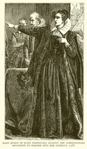 María, Reina de Escocia, protestando contra los comisionados designados para investigar su conducta, 1568 de English School