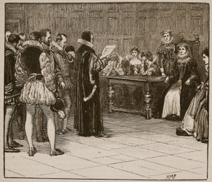 María Reina de Escocia recibiendo la notificación de su destino, ilustración de la Historia Ilustrada de Inglaterra de Cassell de English School
