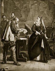 María Reina de Escocia firma su abdicación, julio de 1567, ilustración de la Historia de la Nación Británica de Hutchinson, c.1923 de English School