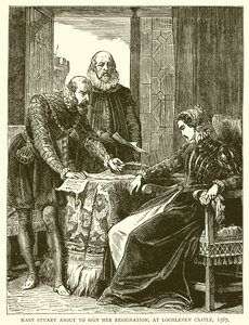 María Estuardo a punto de firmar su renuncia, en el castillo de Lochleven, 1567 de English School