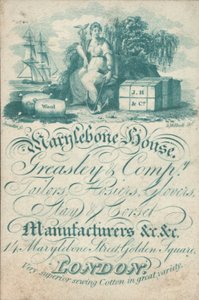 Marylebone House, Greasley & Co, sastres, calceteros, guanteros, fabricantes de corsés y fajas, 14 Marylebone Street, Golden Square, tarjeta comercial de English School
