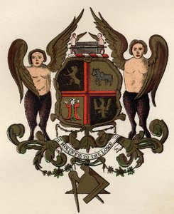 Armas masónicas, después de un panel pintado en posesión de W.H.Y. Rylands, de La Historia de la Masonería, volumen II, publicado por Thomas C. Jack, Londres, 1883 de English School