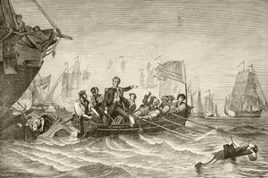 Comandante Oliver Hazard Perry pasando del US Brig Lawrence al US Brig Niagra durante la Batalla del Lago Erie (litografía) de English School