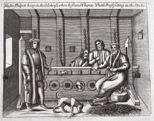 El Maestro Philpots en la Casa de Carbón, donde encontró a Thomas Whittle, sacerdote, sentado en los cepos, ilustración de Hechos y Monumentos de John Foxe, novena edición, pub. 1684