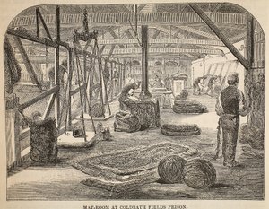 Sala de esteras en la prisión de Coldbath Fields, ilustración de Las prisiones criminales de Londres y escenas de la vida en prisión de Henry Mayhew y John Binny, pub. 1862 de English School
