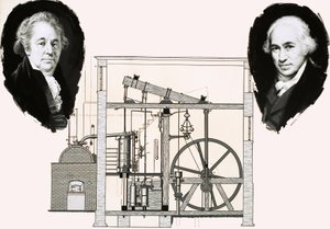 Matthew Boulton y James Watt con una de las máquinas de vapor patentadas de English School