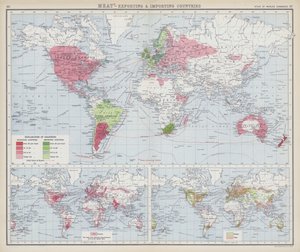 Carne, países exportadores e importadores (litografía en color) de English School