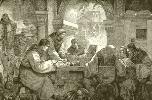 Cultura medieval - Monjes en un convento iluminando y transcribiendo libros de English School