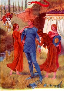 El caballero medieval Estrella de la Mañana se prepara para la batalla. Ilustración coloreada de la historia de Gareth y Lynette del libro The Gateway to Tennyson publicado en 1910. de English School