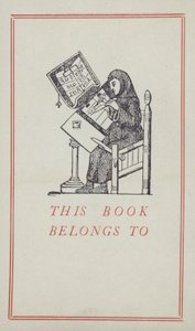 Escriba medieval trabajando en un manuscrito, etiqueta de propiedad de libro de English School
