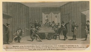 Reunión de los conspiradores de la Conspiración de la Pólvora, Guy Fawkes, Catesby, etc.