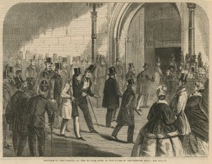 Miembros de los Comunes en la puerta privada de la Cámara en Westminster Hall de English School