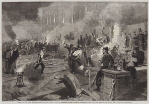 Miembros del Cuerpo de Voluntarios de Rifles del Sur de Middlesex Trabajando a la Luz de las Antorchas en los Jardines de Burlington House, Piccadilly, despejando el Terreno para el Cobertizo de Ejercicios (grabado) de English School