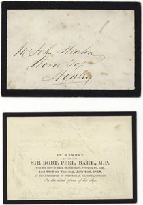 Tarjeta conmemorativa en memoria del difunto Sir Robert Peel