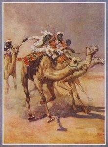 Hombres montando camellos en una carrera en el desierto (litografía en color) de English School