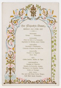 Menú para la cena de la Reina Victoria el lunes 21 de junio de 1897, el día antes de su Jubileo de Diamante