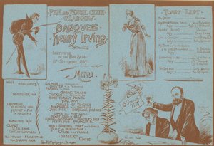 Menú para un banquete en honor a Henry Irving, Pen and Pencil Club, Glasgow, 15 de septiembre de 1887