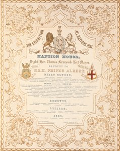 Menú del banquete para el Príncipe Alberto en la Mansion House, para conmemorar la Gran Exposición de Todas las Naciones, Londres, 1851 de English School