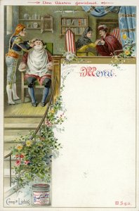 Menú con una escena de El Barbero de Sevilla y un anuncio de Extracto de Carne Liebig