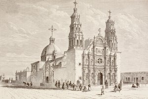 Catedral Metropolitana en Plaza de Armas, Chihuahua, México en el siglo XIX (litografía)