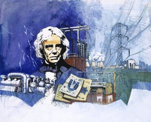Michael Faraday con estación eléctrica de fondo
