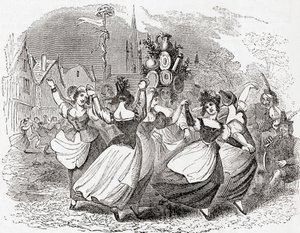 Baile de la lechera, con pila de platos, Primero de Mayo, Inglaterra, de Old England: A Pictorial Museum, pub. 1847