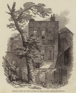 Casa de Milton y árbol plantado por él en Petty France, Westminster (grabado) de English School