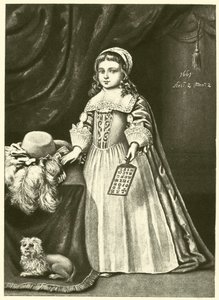 Miss Campion, sosteniendo un libro de cuerno (grabado) de English School