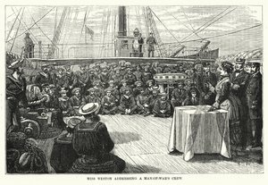 La señorita Weston dirigiéndose a la tripulación de un barco de guerra (grabado) de English School