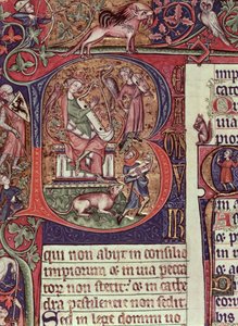 Mms 9961-2 Inicial historiada B del Salterio de Peterborough que representa al rey David tocando el arpa, inglés, c.1310-20 de English School