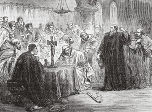 Mollio arrojando su antorcha ante la Inquisición, ilustración de La Historia del Protestantismo de James Aitken Wylie, pub. 1878 de English School