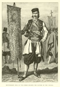 Popa montenegrino en traje de guerra portando el estandarte de la iglesia de English School