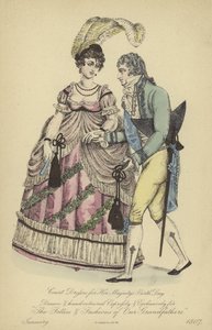 Vestido de mañana para damas y caballeros (grabado en color) de English School