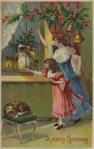 Madre e hija saludando a Santa Claus (cromolitografía) de English School