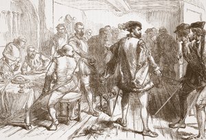 La banda de Mouchares atacando a los protestantes en la hostería del Faubourg St. Germain, ilustración de La Historia del Protestantismo de James Aitken Wylie, pub. 1878 de English School