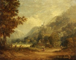 Escena de montaña con iglesia y granja