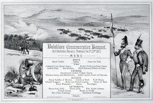 Menú ilustrado montado para el Banquete de Conmemoración de Balaklava celebrado en el Alexandra Palace, 25 de octubre de 1875 (grabado)