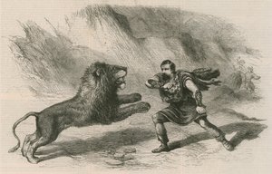 Mr. Crockett, el domador de leones, actuando con sus leones en el Teatro Astleys, Londres de English School