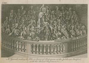 Mr David Garrick recitando la Oda, en honor a William Shakespeare en el jubileo en Stratford de English School
