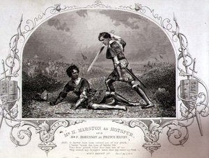 Sr. H. Marston como Hotspur y Sr. F. Robinson como Príncipe Enrique, Acto V Escena 4 de Enrique IV (Parte I) de un daguerrotipo de Paine de Islington, pub. por John Tallis & Co. (litografía)