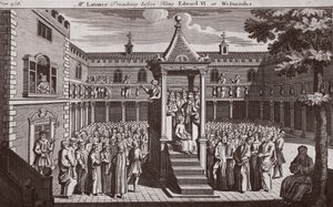 El Sr. Latimer predicando ante el Rey Eduardo VI en Westminster, ilustración de Mártires de Fox c.1703 de English School
