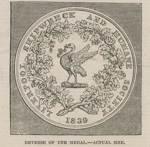 Diseño de Mr Wyon para la Medalla de la Sociedad de Naufragios y Humanitaria de Liverpool