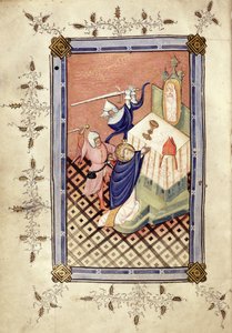 Ms.49 f.18v San Tomás de Canterbury (c.1118-70) siendo Atacado por Dos Caballeros, Horae, c.1420-30 de English School