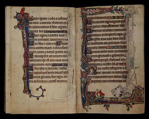 Ms 1-2005, ff.67v-68r: Una raya gigante asusta a un hombre, decoración de borde del Salterio de Macclesfield, Uso de Sarum, East Anglia, c.1330