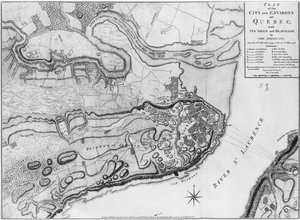 Ms A 224 f.8 Mapa de la ciudad y alrededores de Quebec con su asedio y bloqueo por los americanos, ilustración del 