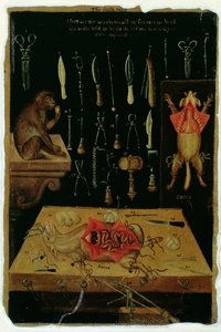 Ms Hunter 364 Tabla I Instrumentos de disección, de Tablas anatómicas, de John Banister (1540-1610) (óleo sobre papel de estraza) de English School