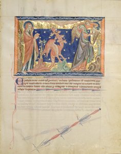San Juan viendo a un ángel ayudar a la mujer a escapar del dragón rojo, del Apocalipsis de Gulbenkian, c.1265-70