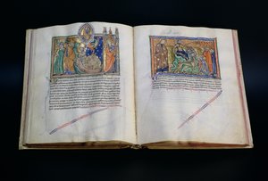La bestia blasfemando el nombre de Dios y la gente adorando a la tercera y segunda bestias, del Apocalipsis de Gulbenkian, c.1265-70 de English School