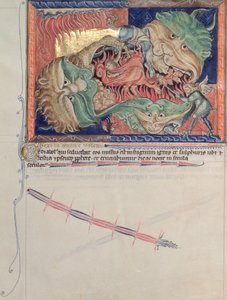 Las fauces del infierno tragándose al dragón rojo, la bestia del mar y la bestia de la tierra, del Apocalipsis de Gulbenkian, c.1265-70 de English School